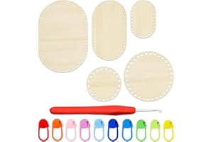 FFDHWU 5 Pieces Wooden Base Crochet Basket, 1 Piece Crochet Hook, 10 Pieces Marked Buckles, Crochet Basket Wooden Base Natural Wood Basket Base, Round Bottom