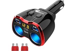 Rozdzielacz zapalniczki samochodowej Qidoe szybka ładowarka 3.0, rozdzielacz samochodowy Qidoe szybkie ładowanie 3.0 i ładowarka samochodowa USB C 80 W 12 V/24 V DC z woltomierzem LED do GPS, kamery