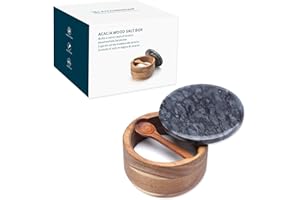 KITCHENDAO - Contenitore per sale in legno di acacia con coperchio in marmo, 283.5 g, cucchiaio da portata integrato per evitare lo smarrimento, privo di polvere, piedini antiscivolo, colore: nero