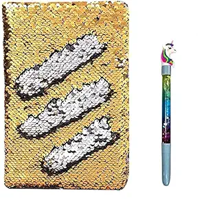 Crazycute Beautiful Golden Colour Changing (8 * 6 inch) A5 Paper Perfect Reversible Magic Sequin Notebook Diary Best Gift Item for Girls & Boys with Unicorn Magic Wand Gel Pen