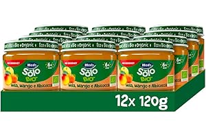 Hero Solo Bio - Omogeneizzato di Frutta Biologico per Neonati, Gusto Mela, Mango e Albicocca, Senza zuccheri aggiunti, 12 Vasetti da 120 g