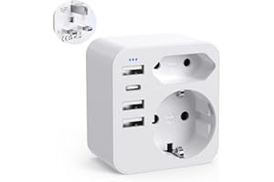 SEPTSEVEN Adaptador Enchufe UK, Adaptador Enchufe Ingles a Español con 4 USB(3.4A) con 2 Schuko España, Adaptador Enchufe Irlanda para Inglaterra Reino Unido Singapur (Europa a Reino Unido -Negro) (White)