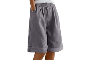 POIUIYQA Bermuda Femme Longueur Genou Jambe Large Confortable Coton Lin Élastiqué Taille Haute Stretch Dames Culottes Été Solide Short avec Poches Yoga Active Sports Shorts