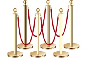 VEVOR Stanchion Post, 6 Pcs Crowd Control Barrier Set with 4 Red Velvet Ropes, 5 ft Stainless Steel Gold Stanchion Post Queue with Sand Injection Hollow Base for Theater, Party, Wedding, Exhibition