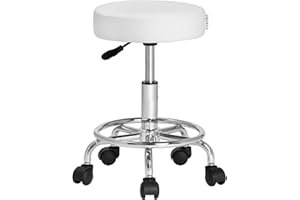 Casaria Taburete Giratorio con Ruedas Blanco Altura Asiento Ajustable 51-65 cm Travesaños de Acero Cromado Silla de Oficina