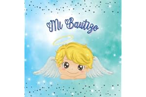 Libro de firmas bautizo niño: Libro de recuerdos y huellas para invitados personalizado, original - Idea de regalo o detalle para el bautizo de niño. Portada azul con angelito. Español