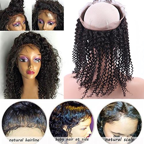 Friya Hair Top Quality Pre Plucked 360 Lace Frontal Closure Bleached Knots Brazilian Virgin Hair Kinky Curly Natural Hairline Lace Band Frontal Closure With Baby Hair (8", Free Part)