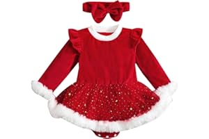 LOALIRANDO Vestido Navidad Bebé Niña Vestido Navideño de Recién Nacida Body Rojo con Volantes y Manga Larga Top Mameluco de Lentejuelas con Dobladillo de Felpa + Diadema