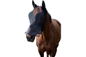 LTG PRO® Horse Pony Cob Fly Mask Net Veil Hood Full Face Cartoon Polyester Ears Nose Protection (Black, Pony)