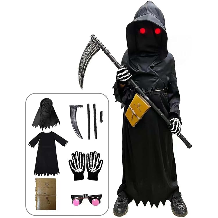 Déguisement Faucheuse Enfant - 7 Pièces (robe, Capuche, Faux, Lunettes LED) - Taille S/M/L - Pour 5-12 Ans - Halloween Et Carnaval