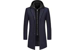 KUDMOL Manteau Homme en Laine à Capuche Amovible Chaud Long Trench-Coat pour Hiver Caban Parka Homme Slim Fit