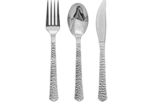 DECOR DECORLINE Decorline- Set de Couverts réutilisables 180 pièces- plastique rigide écologiques pour une utilisation quotidienne durable - Effet Martelé - Argent