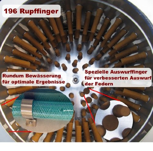 Beeketal Geflügelrupfmaschine auf Rollen „BRM1800“ für Hühner, Enten, leichten Gänsen und Puten, Nassrupfmaschine Kapazität: ca. 250 Gefügel pro Stunde mit 2-7 Tieren pro Durchgang (max. 8 kg Gesamtbelastung oder 5 kg pro Tier) – Profi Rupfmaschine mit speziell geformten Rupffingern, integrierter Wasserspülung und Auswurfrutsche - 8