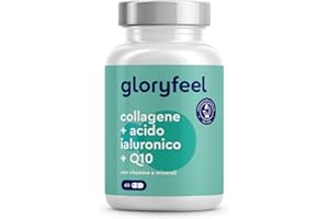 GLORYFEEL Collagene Marino con Acido Ialuronico, con Coenzima Q10, Vitamina C e Zinco, Vitamine A, B12, D3, Magnesio, 60 Capsule, Collagene Marino Idrolizzato, Collagene Integratore Pelle, Ossa e Articolazioni