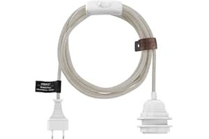 Hoopzi - Fil électrique en Tissu de 4,5M pour Éclairer Partout Chez Vous - Douille Ampoule E27 avec Interrupteur - Créez Votre Suspension Luminaire, Baladeuse, Lampe Suspendue - Bala Lin Naturel/Blanc