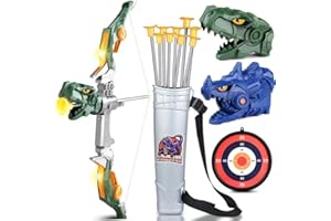 Doloowee Arc et flèche pour Enfants Jouets Dinosaures avec lumière LED - L'ensemble de tir à l'arc Comprend 1 Arc, 10 flèches, Cible avec carquois d'épaule Jouets d'intérieur et d'extérieur