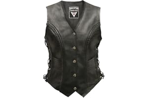 Skintan Gilet Moto Femme en Cuir avec Tresse et Lacets Noir - XL - Jessie