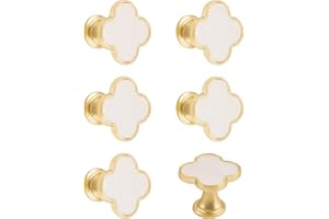 MOROBOR 6PCS Four-Leaf Clover Handle, Creative Cabinet Drawer Pulls Multifunctional Single Hole Zinc Alloy Knobs for Dresser Wardrobe Door Furniture Accessories/Gold Base with White Surface
