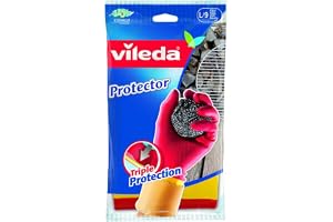 Vileda Robust (Protection) Rubber Gloves L, Reusable, Comfort Plus Lining, Latex And Neoprene, Heavy-Duty, Large Size, Red & Yellow (1 Pair Per Pack)