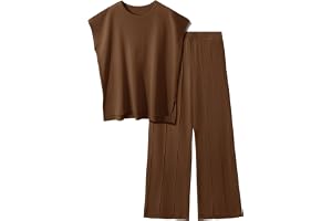 PASUDA Träningsoverall för dam sommar elegant 2-delat set stickad ledig ärm utan rund hals pullover topp elastisk midja byxor
