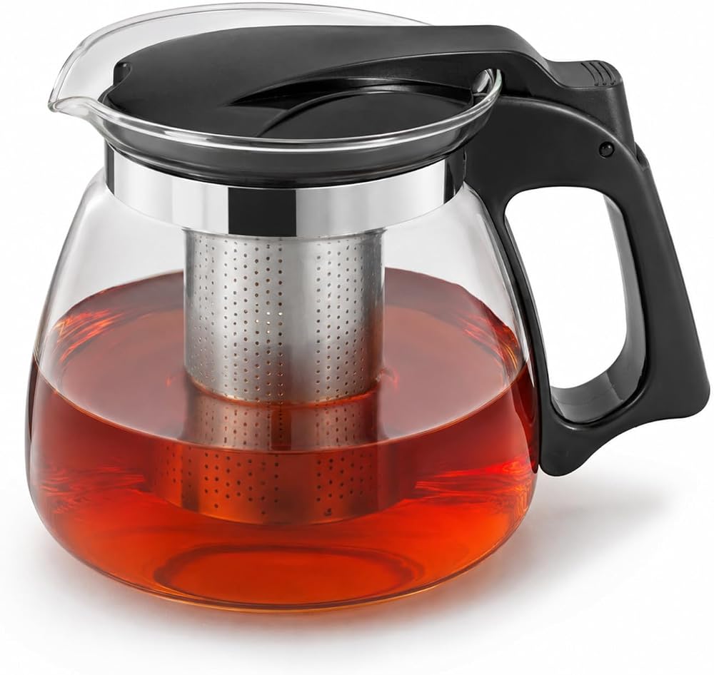 Kabakoz Cam Demlik 900ml, Paslanmaz Çelik Süzgeçli Filtreli Çaydanlık, Çay, Bitki Çayı Süzgeci, Isıya Karşı Dayanıklı Pratik Üst Kısım Tek Parça (Siyah, 900, Mililitre)