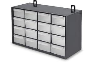 KROWN - Clasificador Modular de Pared Apilable, 27 x 17 x 12,5 cm, 16 Cajones, Almacenamiento de Pequeñas Herramientas, Tornillos, Marco de Polipropileno, Cajones Transparentes (Plata)