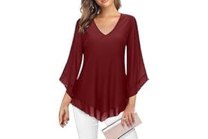 Gemulate Womens Blouse Ruffle 3/4 Sleeve Blouses for Women V Neck Chiffon Tunic Tops Double Layers Mesh Shirts