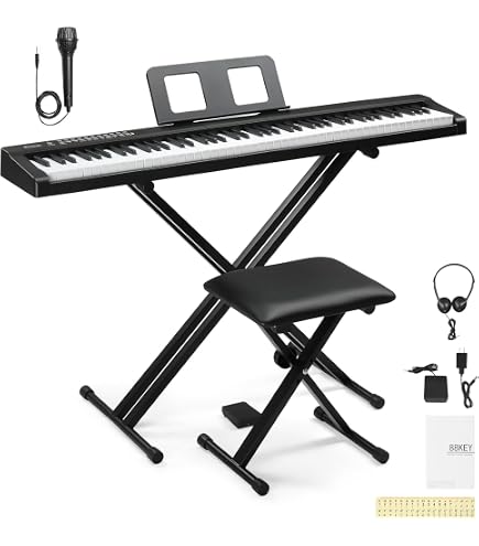 Bonnlo Piano Numérique 88 Touches, Clavier Semi-Lesteé avec Double Bluetooth, Casque, Support, pour les Amateurs de Musique et les Débutants (Noir, Piano