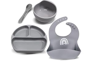 Miracle Baby Set Pappa Svezzamento Silicone Piatto con Ventosa per Bambini Ciotola Antiscivolo Bavaglino et Cucchiaino Set Prima Pappa per Neonato, Senza BPA e Anti Odore 4in (1, Grigio)