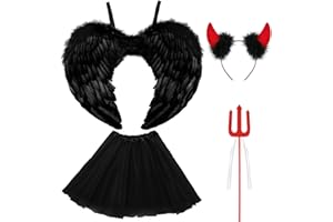 Teufel Kostüm Damen Schwarz, Tutu-Rock, Teufelsflügel, Heiligenschein und Zauberstab, Engelsflügel Kostüm Schwarz Flügel Tutu-Rock, Halloween Kostüme Erwachsenes Angel-Demon-Black-60cm