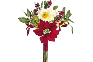 FloristryWarehouse Artificial Christmas Rose Mixed Bouquet Poinsettia Mistletoe Pine and Berries 30cm