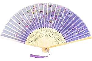 Yukiyi Ventaglio pieghevole da donna, in bambù, con nappa, tessuto di seta, decorazione da parete, festa di nozze (fiore viola)