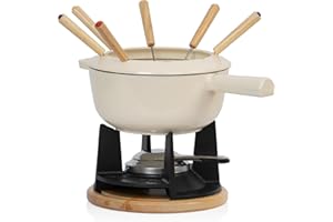 Mahlzeit Żeliwny zestaw do fondue dla 6 osób, 2 litry, 13-częściowy zestaw do fondue, z palnikiem i widelcami, zestaw do fondue, serowe, fondue mięsne, zestaw do fondue czekoladowego (kremowe