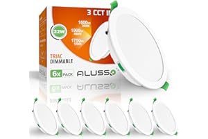 ALUSSO LED Recessed Ceiling Spot Lights, 22W Downlights Dimmable 1900LM, Warm White 3000K Neutral White 4000K Cool White 6500K Adjustable, IP44 Ultra Slim Round for Bathroom Bedroom, 6 Pack