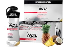 NDL Pro-Health Hydro energy gel - Gel energético deportivo con carbohidratos y sales minerales, bajo en azúcar, aporte energético inmediato, apertura fácil, sin cafeína, sabor piña-coco, Pack 12