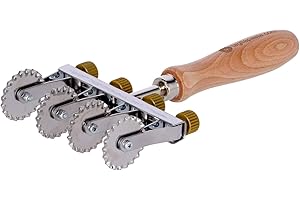 TAGLIAPASTA Roue de découpe pour pâte feuilletée fraîche | 4 lames dentées réglables | Diamètre 36 mm en acier inoxydable et manche en bois | Coupe-pâte.Avec Made in Italy
