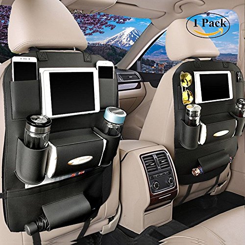 LCZ Rückenlehnenschutz,Autositze Organizer Hochwertigem PU Leder, Auto Rücksitz Organizer Kick-Matten-Schutz 7 abgetrennte Staufächer sorgen 60 X 42cm (schwarz)