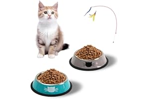 MYTHOSURGE 2 Pezzi Ciotola per Gatti + Giochi per Gatti, Ciotola per Cibo per Gatti in Acciaio Inossidabile, Tappetino Silicone Antiscivolo, Ciotole Gatto (Blu+Grigio, 2 confezioni)