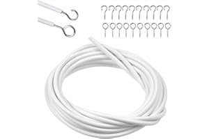 MIKIHAT 10 Metros Cable de Cortina Blanco, Alambre para Cortina, Gusanillo para Cortinas, Alambre Cortinas Cuerdas Cortinas con 20 Piezas Ganchos Atornillables para Cortinas