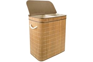 Vesgantti 100L Bamboo Laundry Basket with Flip Lid - Large Folding Clothes Hamper Washing Bin Foldable Collapsible Laundry Sorter Box with 2 Compartments Sections - Lights and Darks(60x51x32cm)