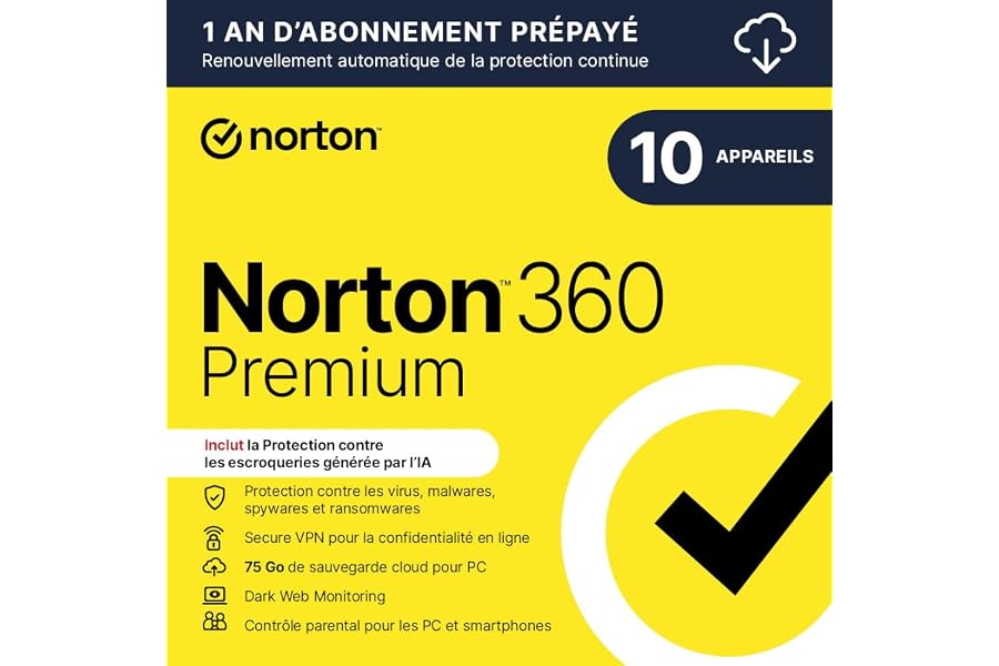 Norton 360 Premium 2024 |10 Appareils | 1 An d'Abonnement | Secure VPN - Password Manager - Dark web monitoring| PC/Mac/iOS/A