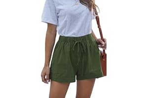 HVEPUO Short d'été, large, pour femmes, en coton et lin, avec ceinture élastique