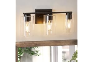 WILON Bathroom Vanity Light, 3 Light Black Bathroom Light Fixtures, Modern Bathroom Vanity Light with Clear Glass Shade, E26 Base Bathroom Lights Over Mirror, Vanity Lights for Bathroom Kitchen