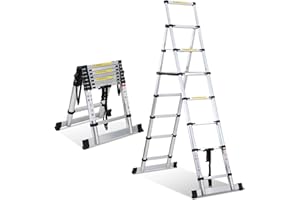 Fiqops Échelle télescopique Pliante 2 + 2,3 m - Cadre A - 6 + 7 échelons - Échelle en Aluminium antidérapante avec Barre stabilisatrice - Charge maximale : 150 kg