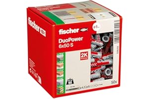 fischer DUOPOWER 6 x 50 S, tacos y tornillos para pared universales de seguridad, de 2 componentes de plástico para fijación en hormigón, ladrillo, piedra, cartón yeso, (50 tacos + 50 tornillos)