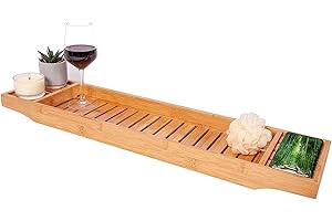 VIVAAS Natural Wooden Bamboo Bath Caddy Bridge Tray Ideal For Storage Shelf Organizer Wine Glass, Book Rest, Candle | Bath Tray | Wooden Bath Tray | Bath Shelf | Bath Bridge (Natural)