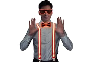Hereneer 3 Stück LED-Leucht-Hosenträger, Leuchtende Herren-LED-Hosenträge, LED Rave Outfit 3er Set, Verdrahtet Neon Rave Brille, LED Fliege für Musik Festival, Partybrille, Karneval-Kostümparty (Rot)