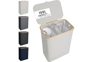 NOSTHEART 160L Cesto Portabiancheria con Coperchio, Cesta Portapanni con 3 Scomparti con Manici Laterali in Bambù, Cesto Biancheria Sporca Salvaspazio e Pieghevole, XXL