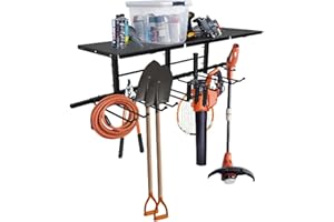 mosegor Garden Tool Rack Wall Mounted Garden Tool Storage Adjustable Garage Tool Storage Shelf Tool Racks for Shed, with 11 Steel Hooks and Overhead Shelf, for Garden Garage Workshop Warehouse Yard