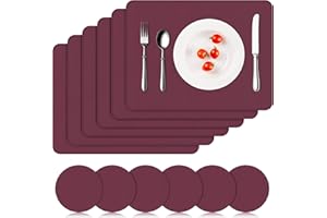 APLKER Tischset Leder 6er Set - Kunstleder Platzset Abwaschbar, Hitzebeständig Doppelseitigen Wasserdicht Platzdeckchen Lederoptik mit Tischuntersetzer rutschfest, 41 x 31 cm, Bordeaux